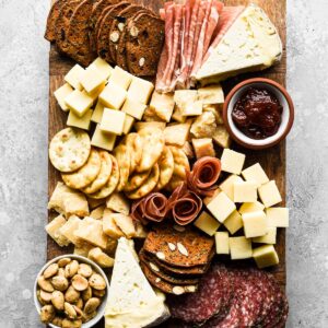 Cropped finished charcuterie board.