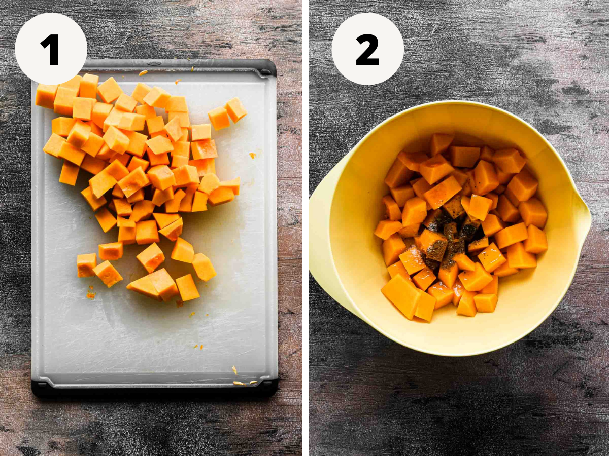 Side by side images of cubed butternut squash and squash being tossed with spices.