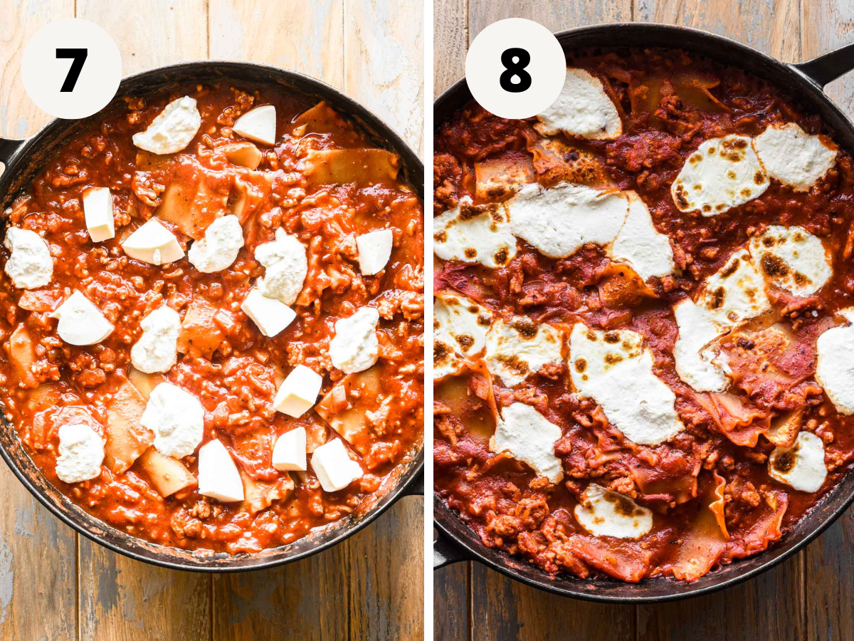 Side by side images of lasagna pre and post broil with cheese.