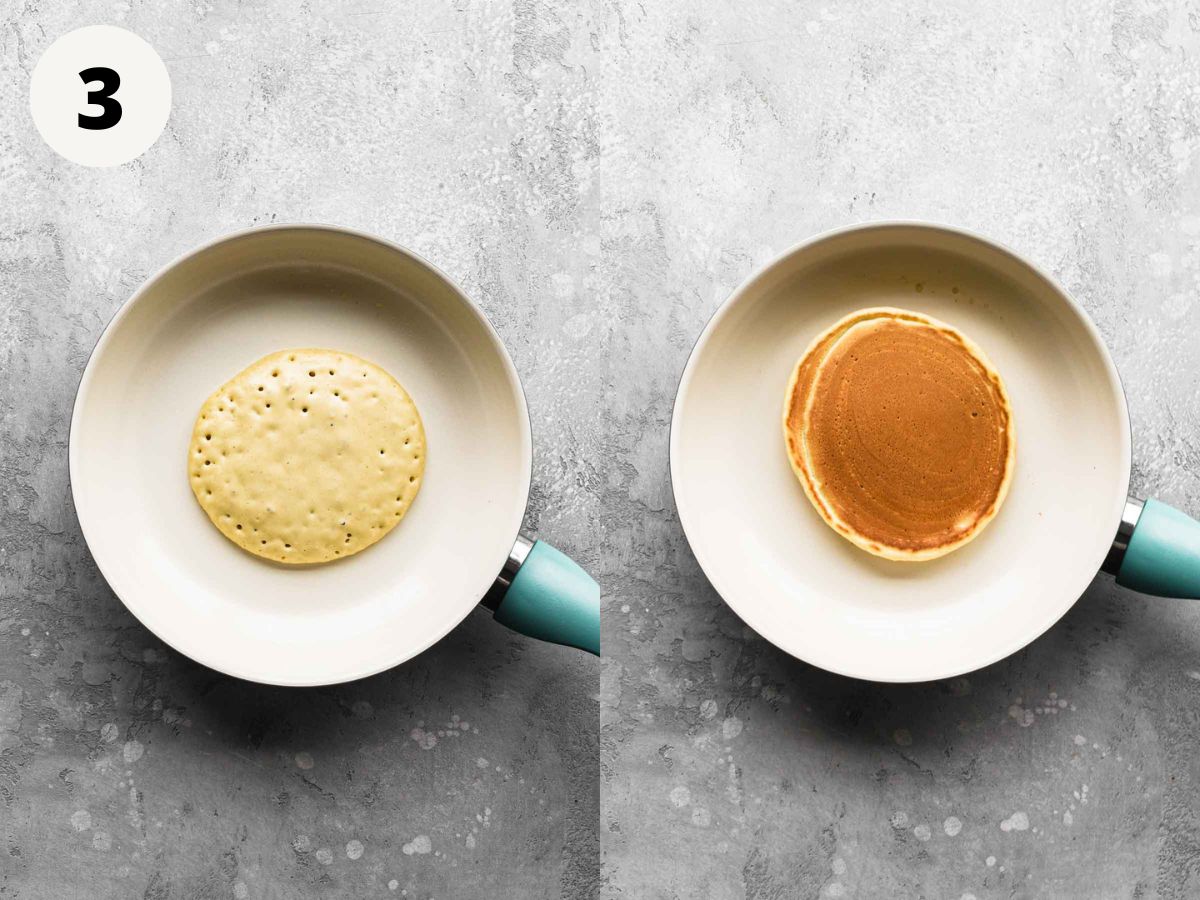 Side by side images of pancake being cooked in a skillet.