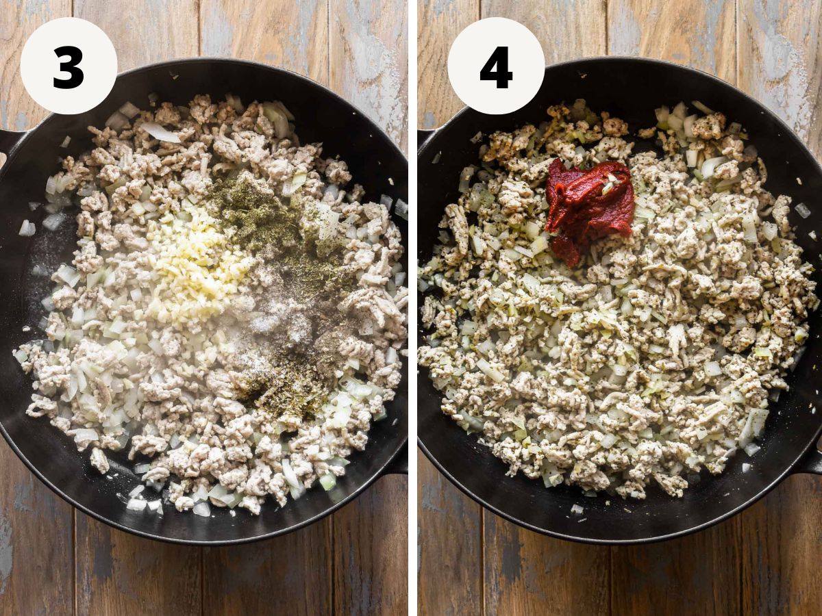 Side by side image of garlic and spices being added, then tomato paste.