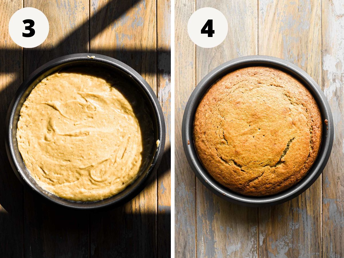 Before and after of cake being baked.
