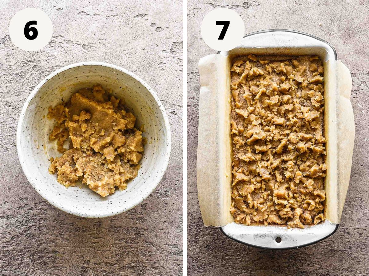 Side by side images of streusel in a bowl and on top of the cake.