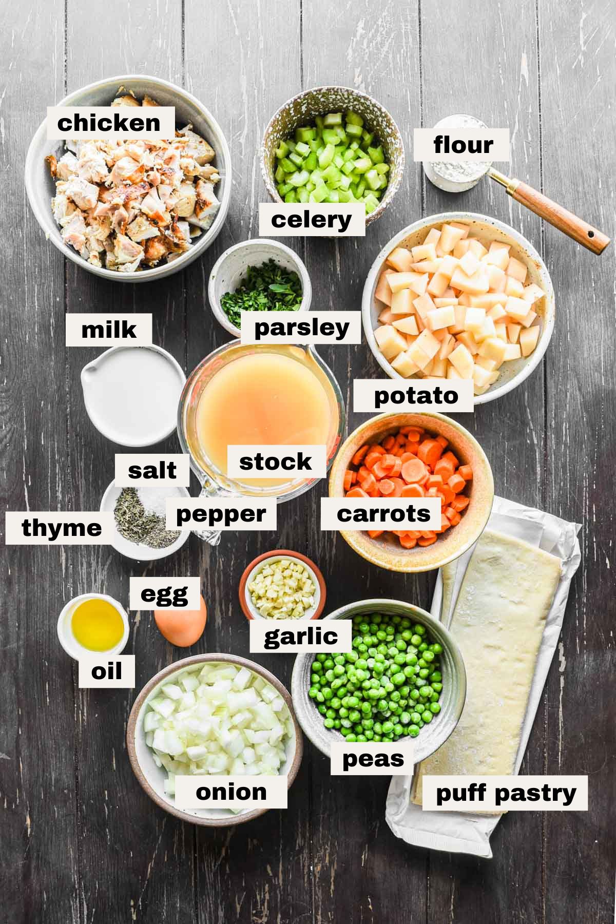 Tabletop image of ingredients for puff pastry chicken pot pie.