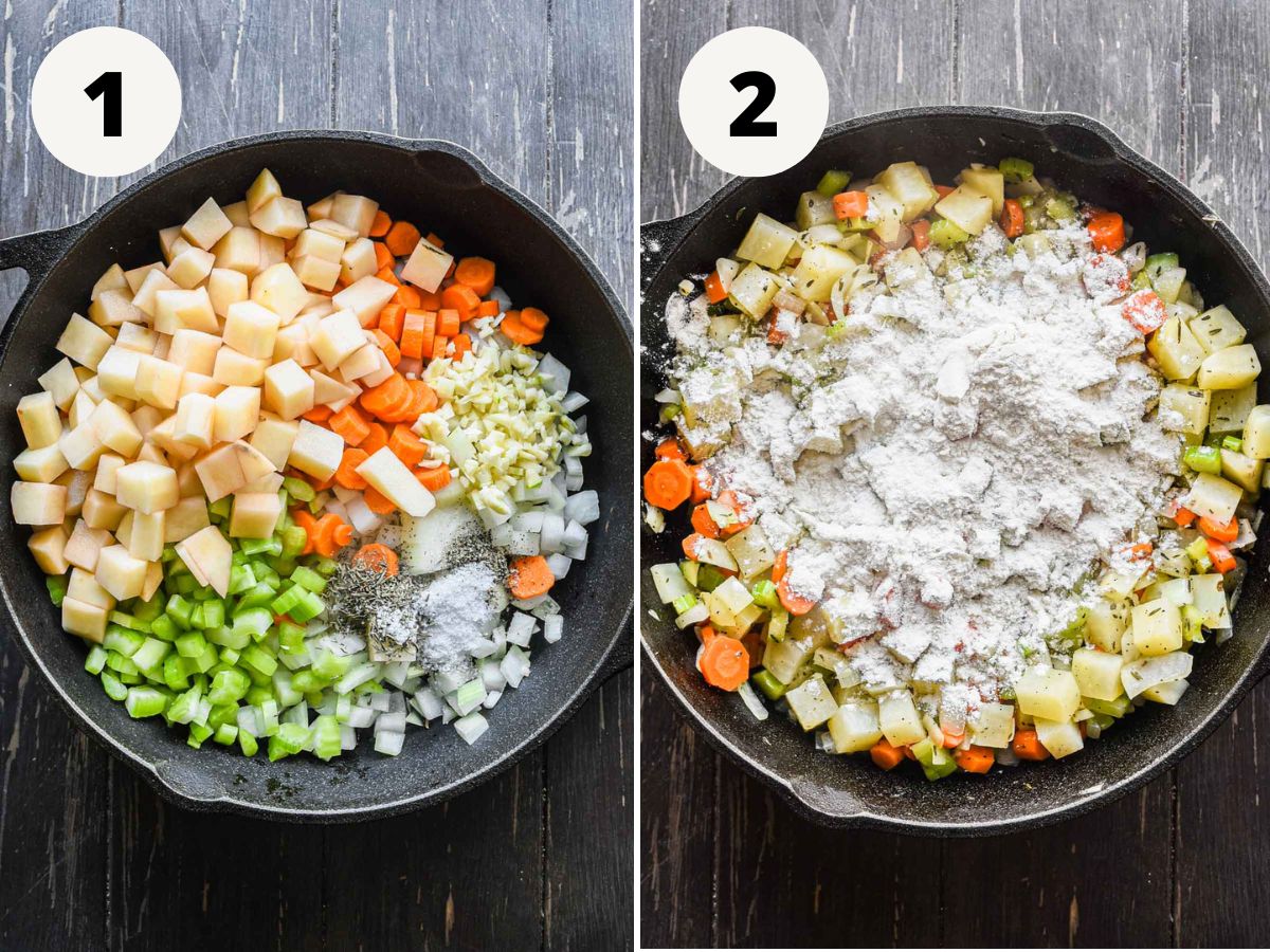 Side by side cooking veggies and adding flour.