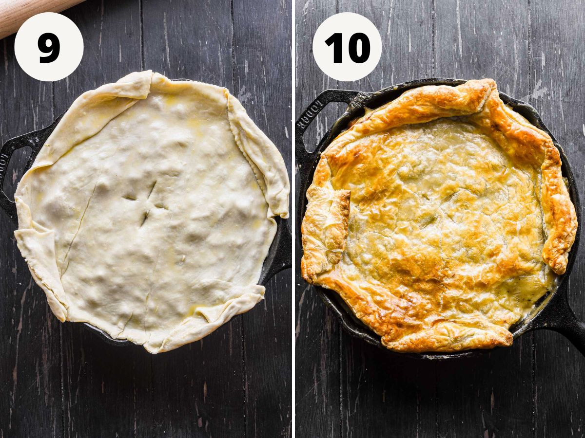 Side by side images of before and after baking the puff pastry chicken pot pie.