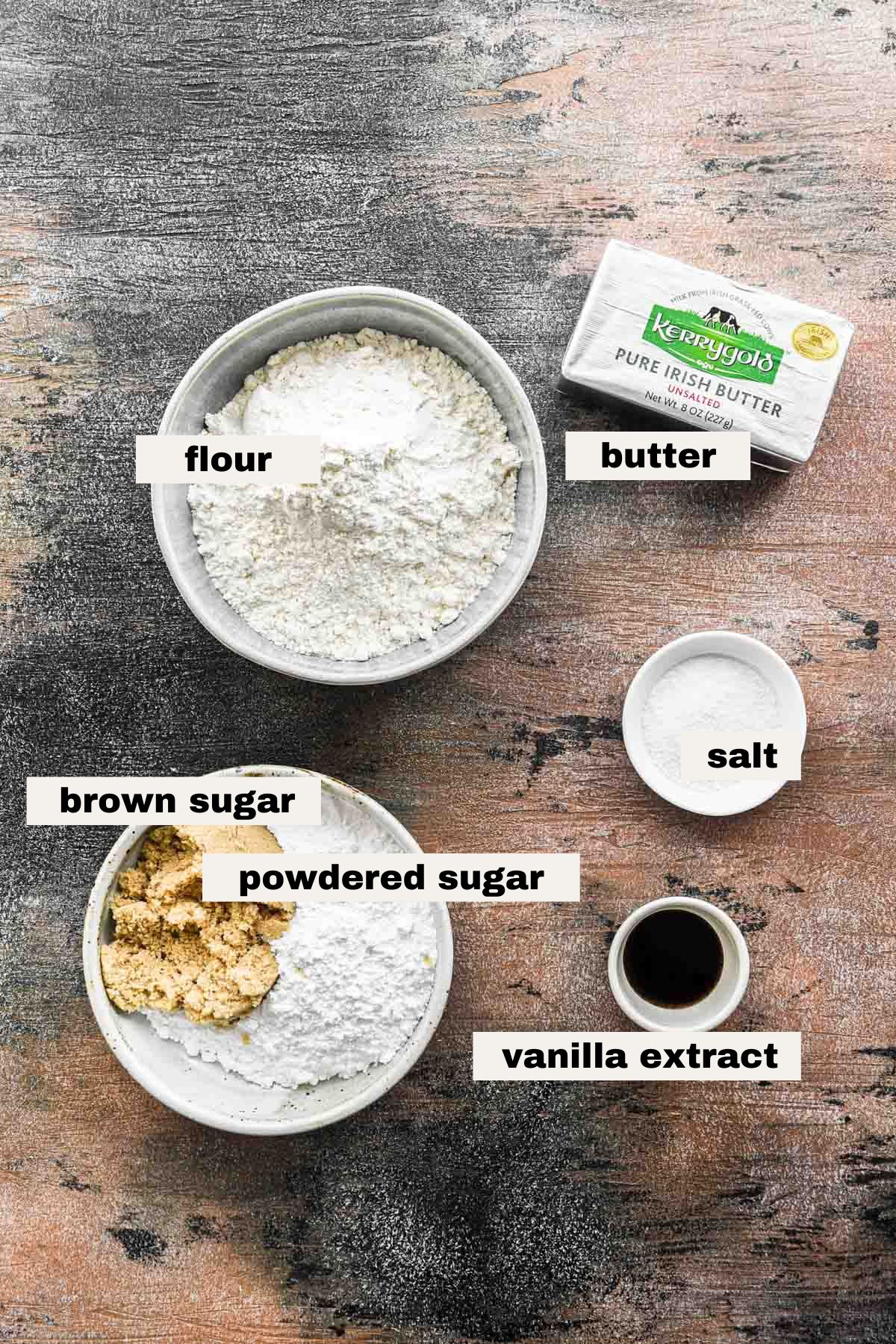 Brown butter shortbread ingredients.
