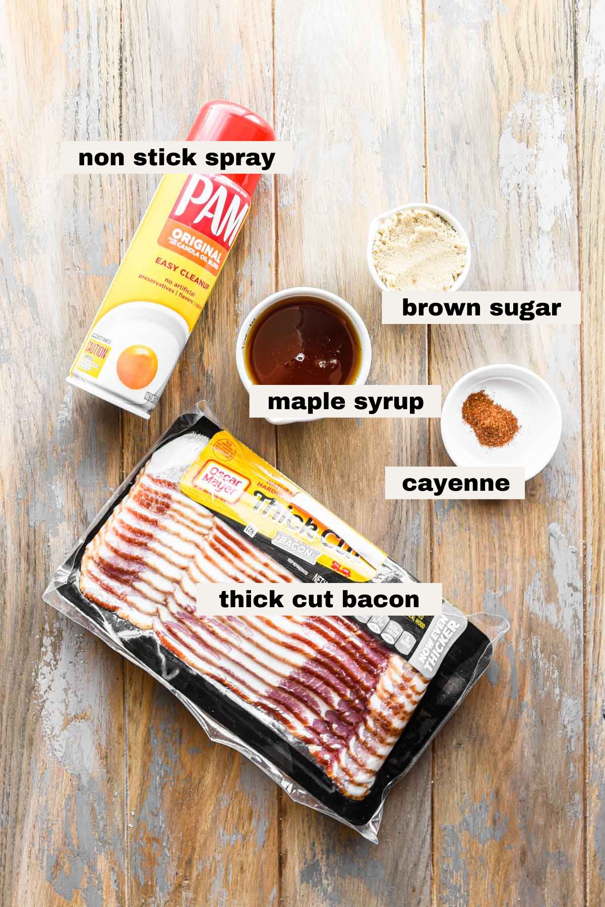 Ingredients on a table that are needed to make maple candied bacon.