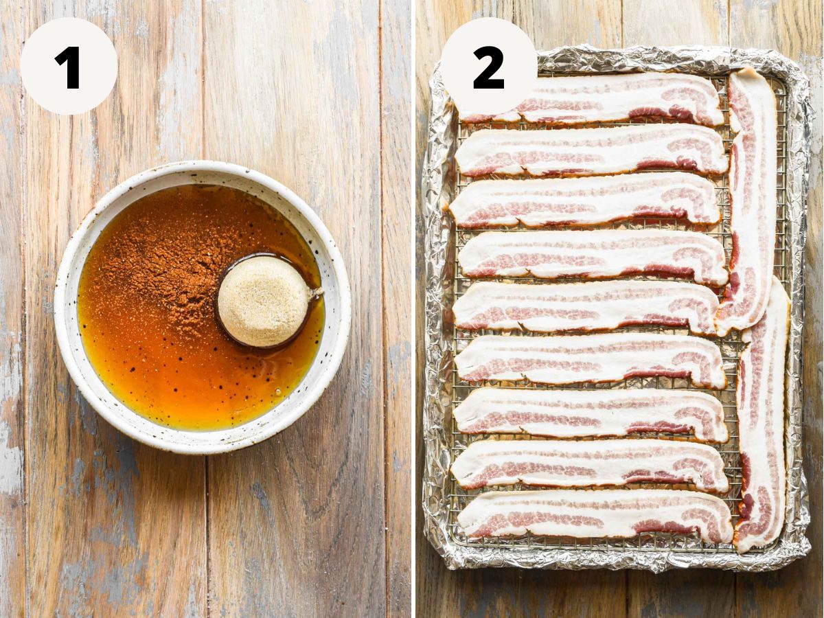 side by side images of the glaze being made and the bacon on a sheet pan.