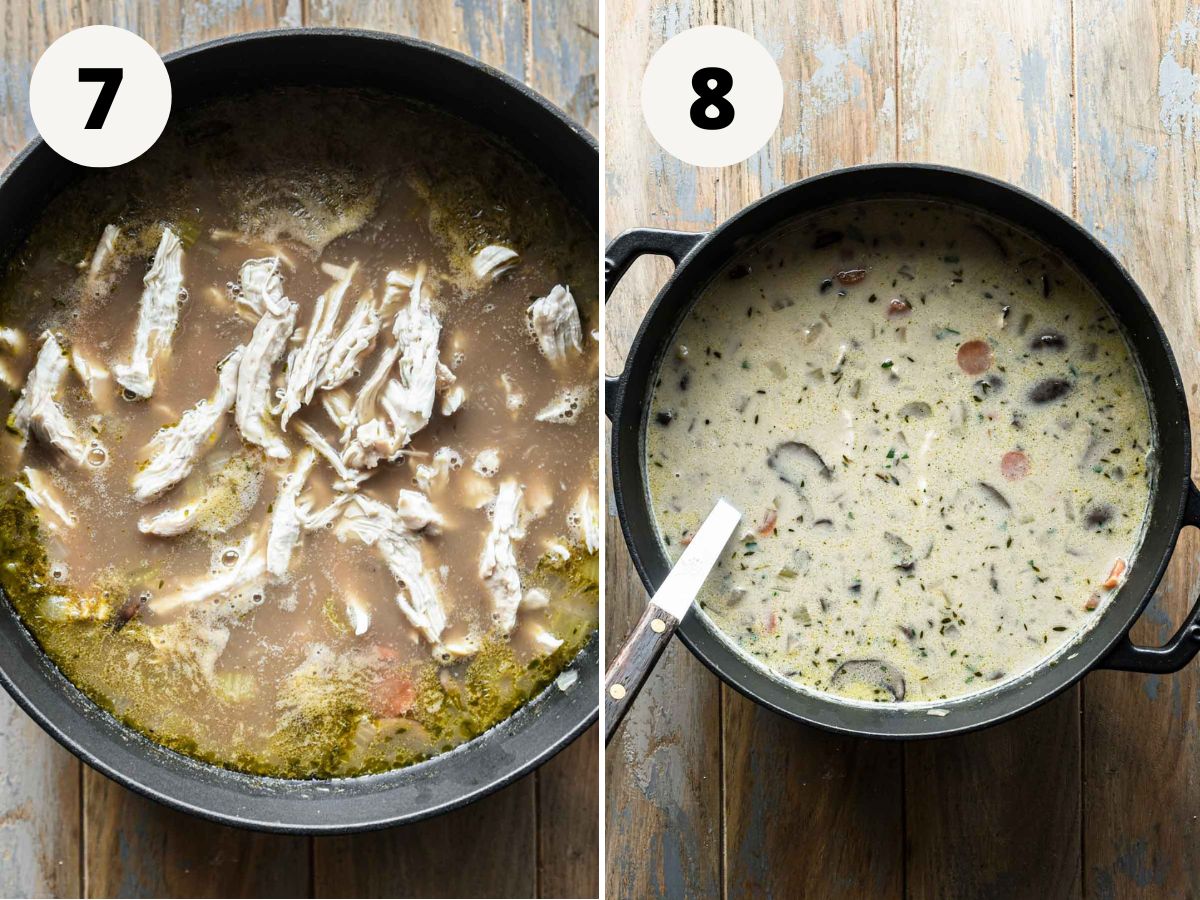 Side by side images of adding shredded chicken and heavy cream to the soup.