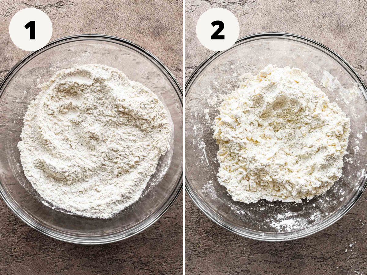 Side by side images of dry ingredients being mixed, then butter being mixed in.