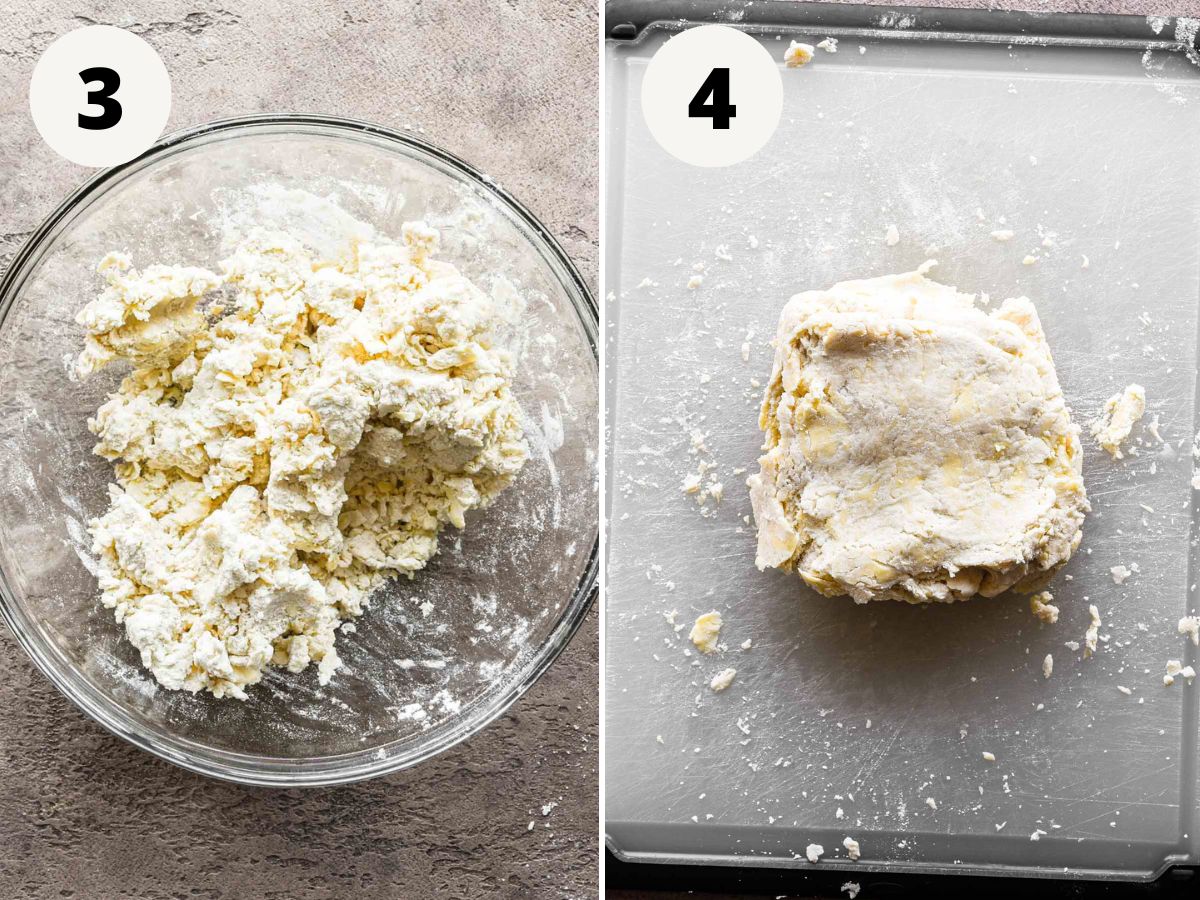 Side by side images of ricotta mixture being added, then the dough being folded.
