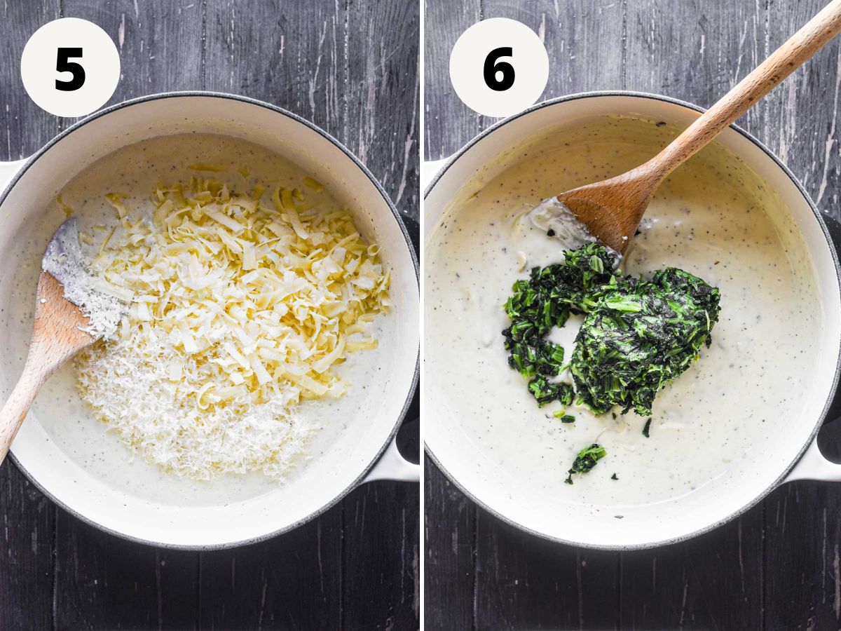 Side by side images of adding cheese then adding spinach.