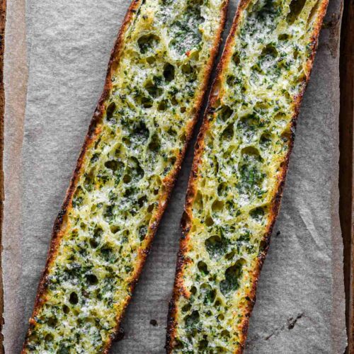 Up close image of finished garlic bread.