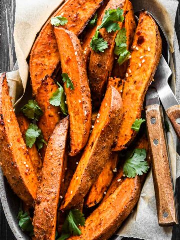 Close up image of the roasted spicy miso sweet potatoes