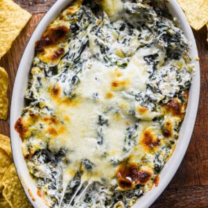 Up close image of finished spinach artichoke dip.