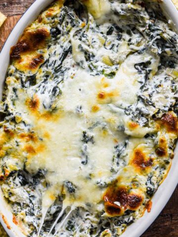 Up close image of finished spinach artichoke dip.