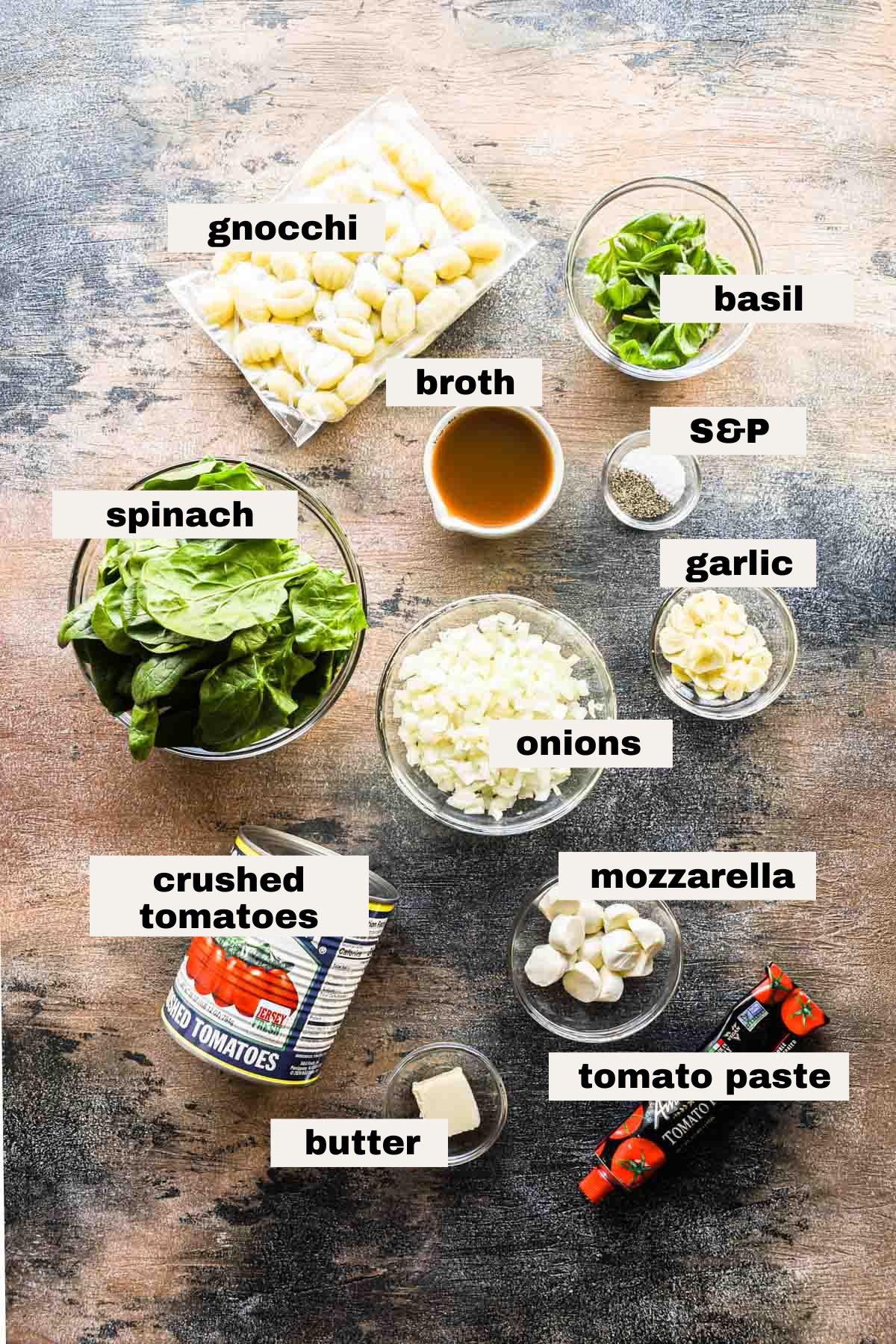 Labeled ingredients on a table.