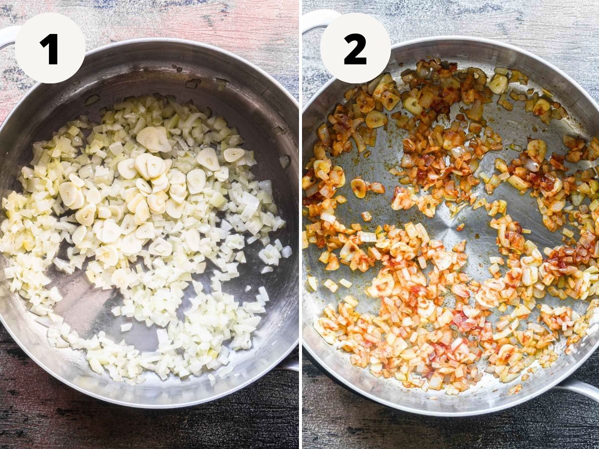 Side by side images of cooked garlic and onions, and then adding tomato paste.