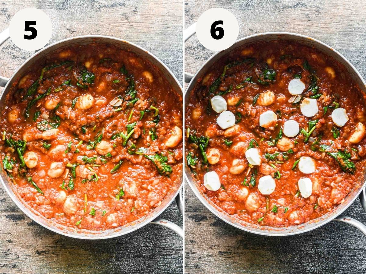 Side by side images of the cooked dish and then adding mozzarella to be broiled.