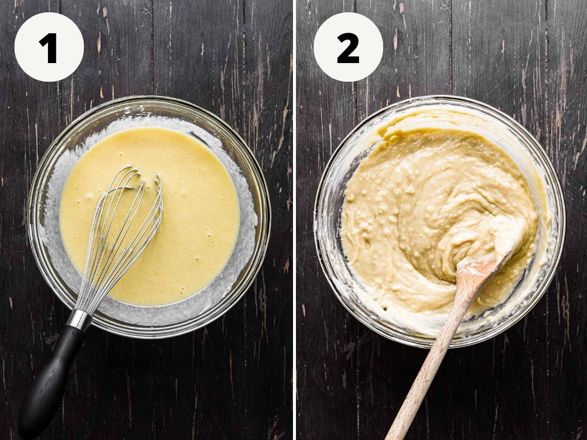 SIde by side images of making the yogurt plum cake batter.