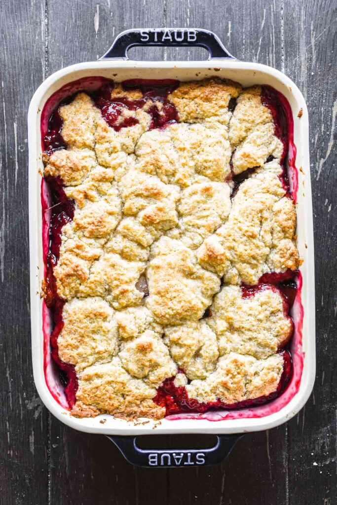 Plum cobbler fresh out of the oven.
