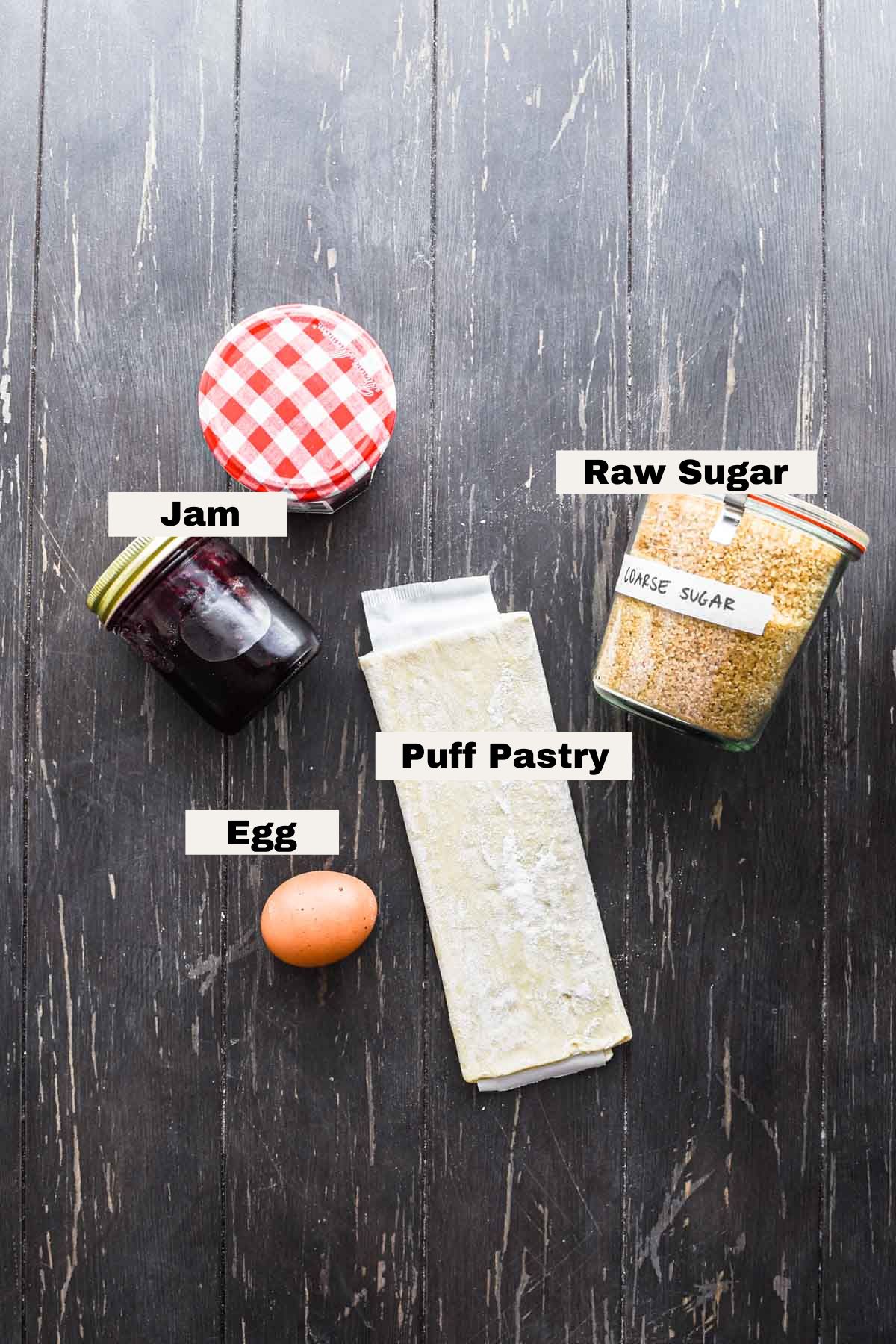 Ingredients needed for puff pastry jam tarts.