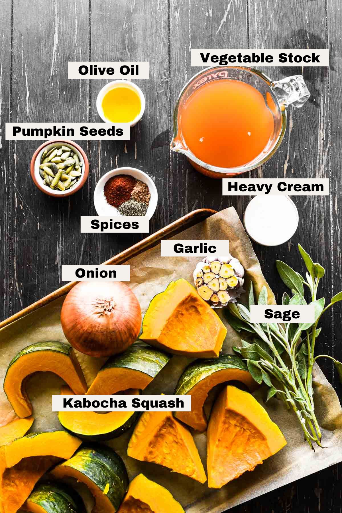 Ingredients for kabocha squash soup on a table