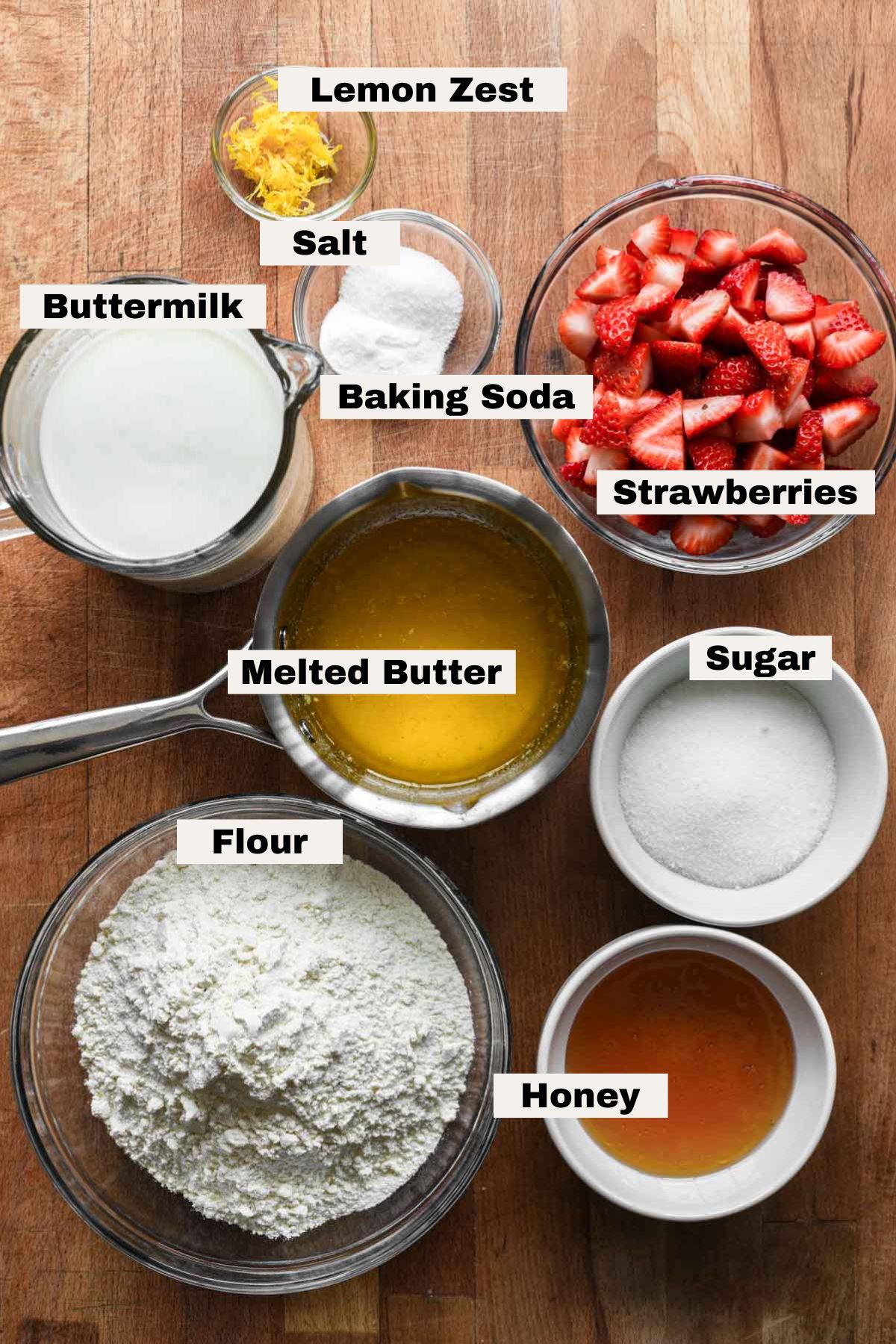 Ingredients for strawberry butter swim biscuits.