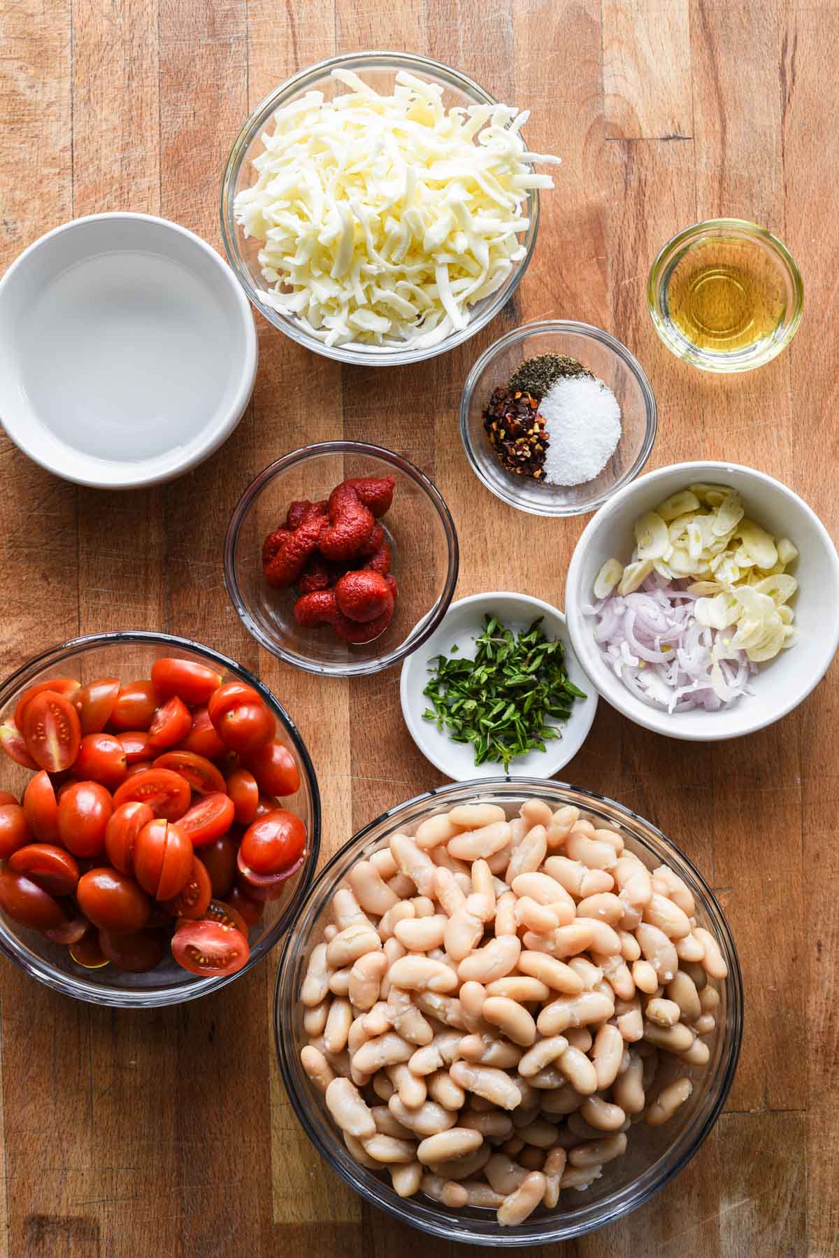 Ingredients to make tomatoey beans.