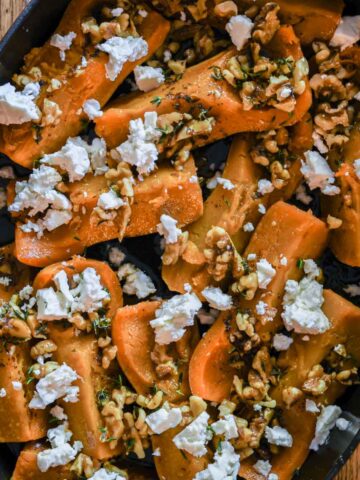 Roasted honeynut squash with brown butter, walnuts, and feta.
