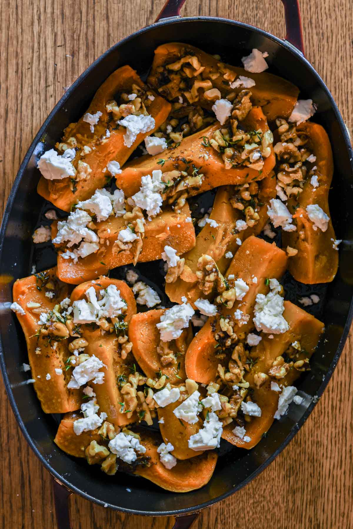 Roasted honeynut squash with brown butter, walnuts, and feta.
