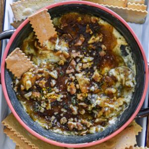 Close up of boursin jam dip with crackers.