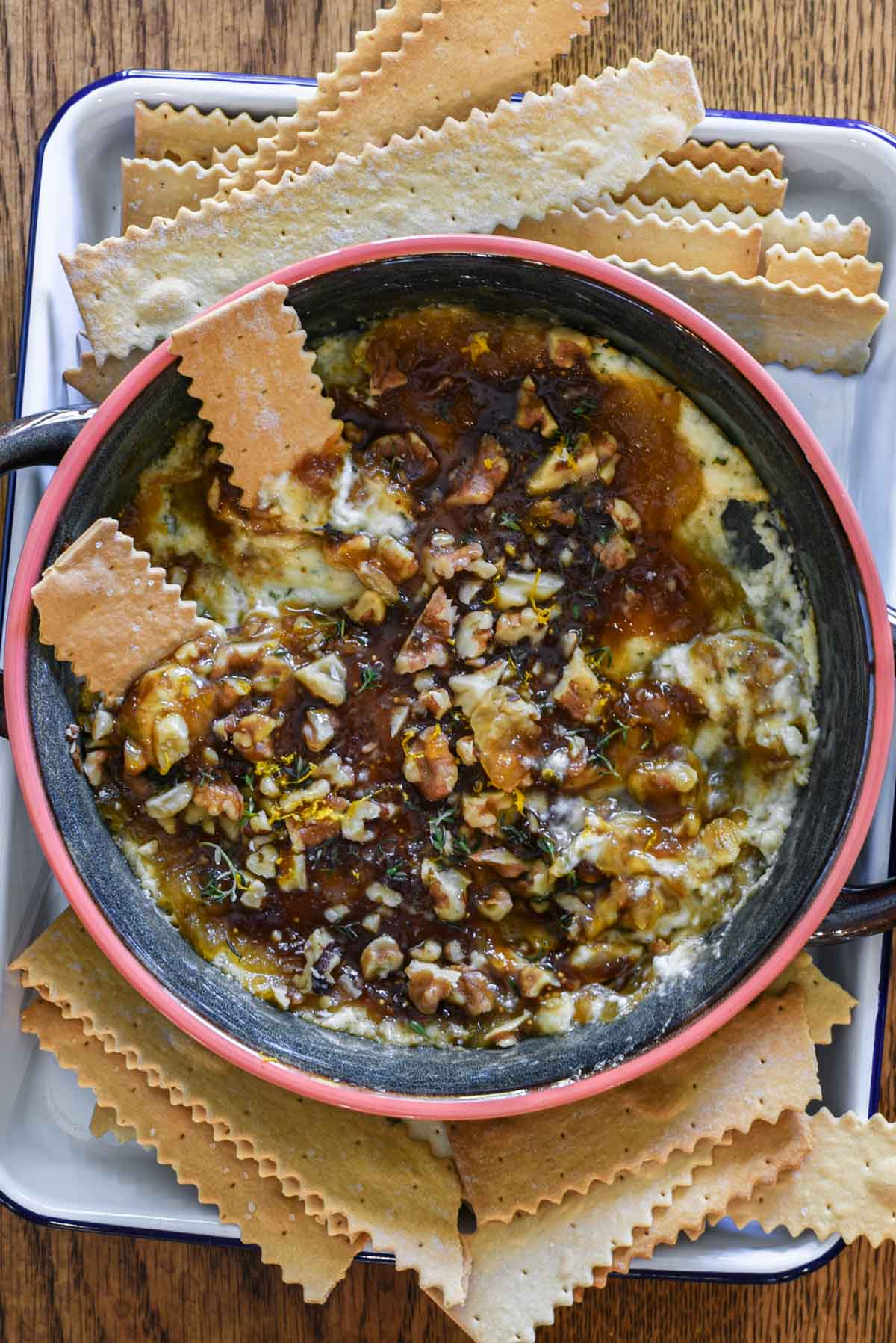 Close up of boursin jam dip with crackers.